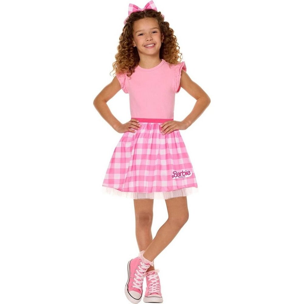 Girls BARBIE Pink Gingham Tutu Skirt Costume Kit-Dress Up Size S/m L/XL Bow NWT